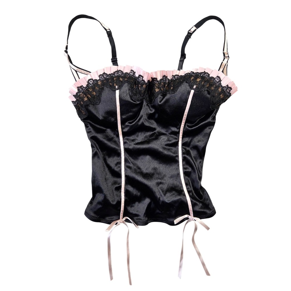 Victorias Secret Black Pink Satin Lace Ruffle Corset Top 34B Coquette Bustier